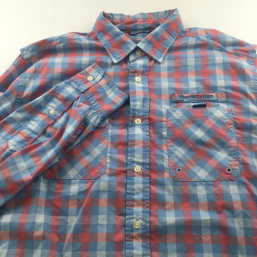 Vineyard Vines Harbor Shirt Men Large Red Blue Plaid Performance Fishing LS